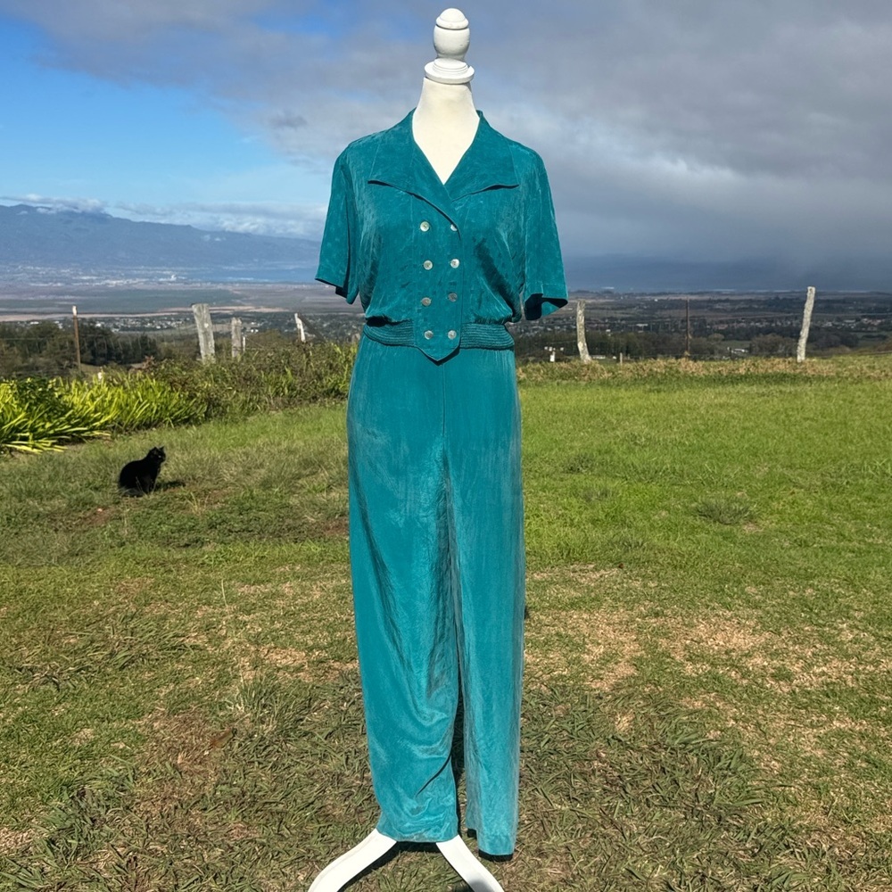 Vintage 80s Wild Rose Retro Green Jumpsuit Size 4